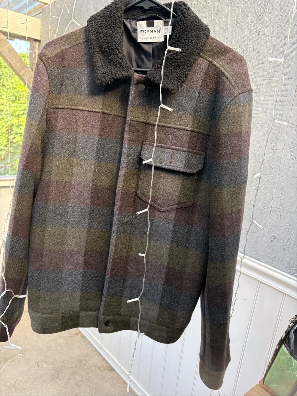 Topman Multicolor Plaid Field Jacket with Black Sherpa Collar